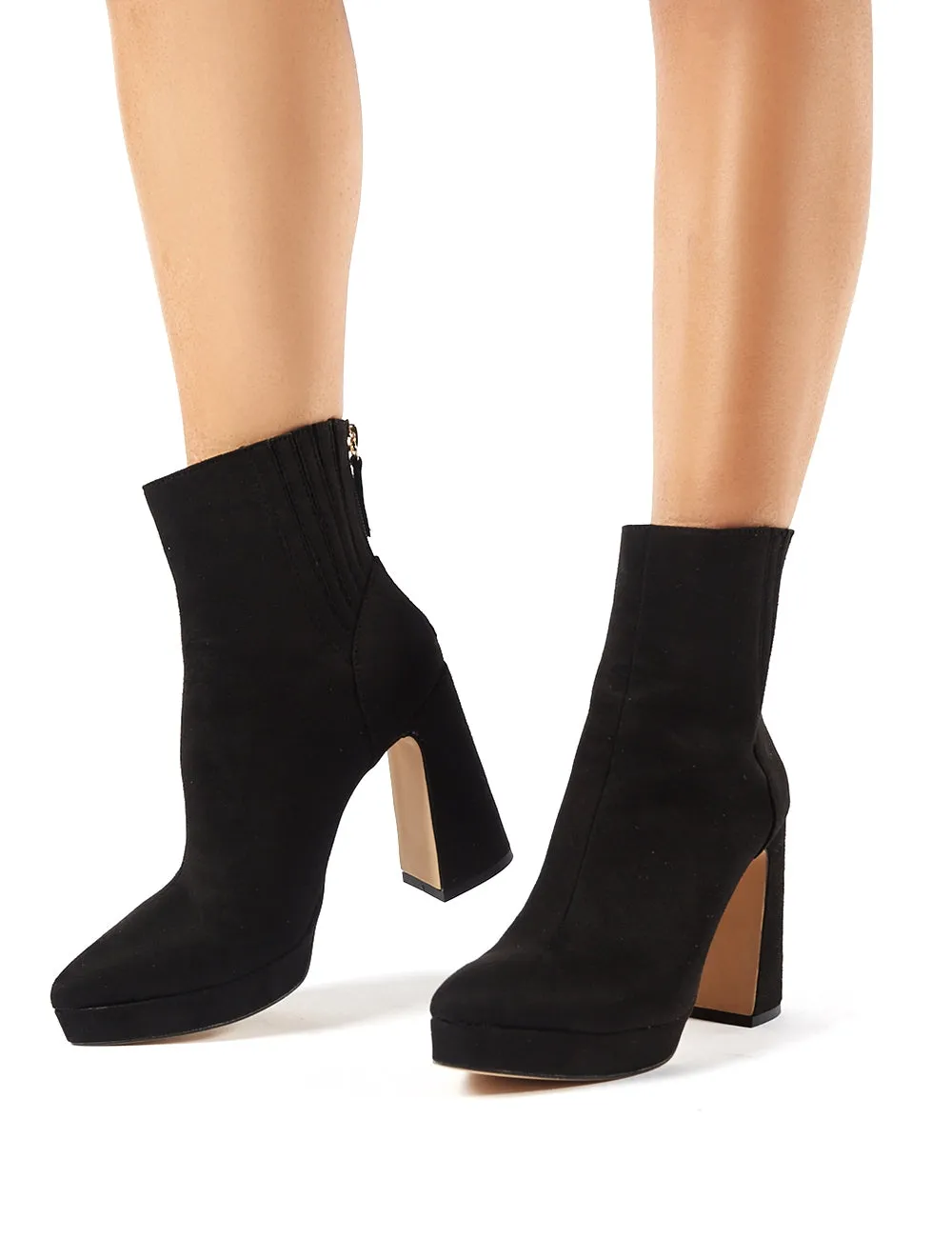 Tegan Black Faux Suede Flare Heeled Ankle Boots