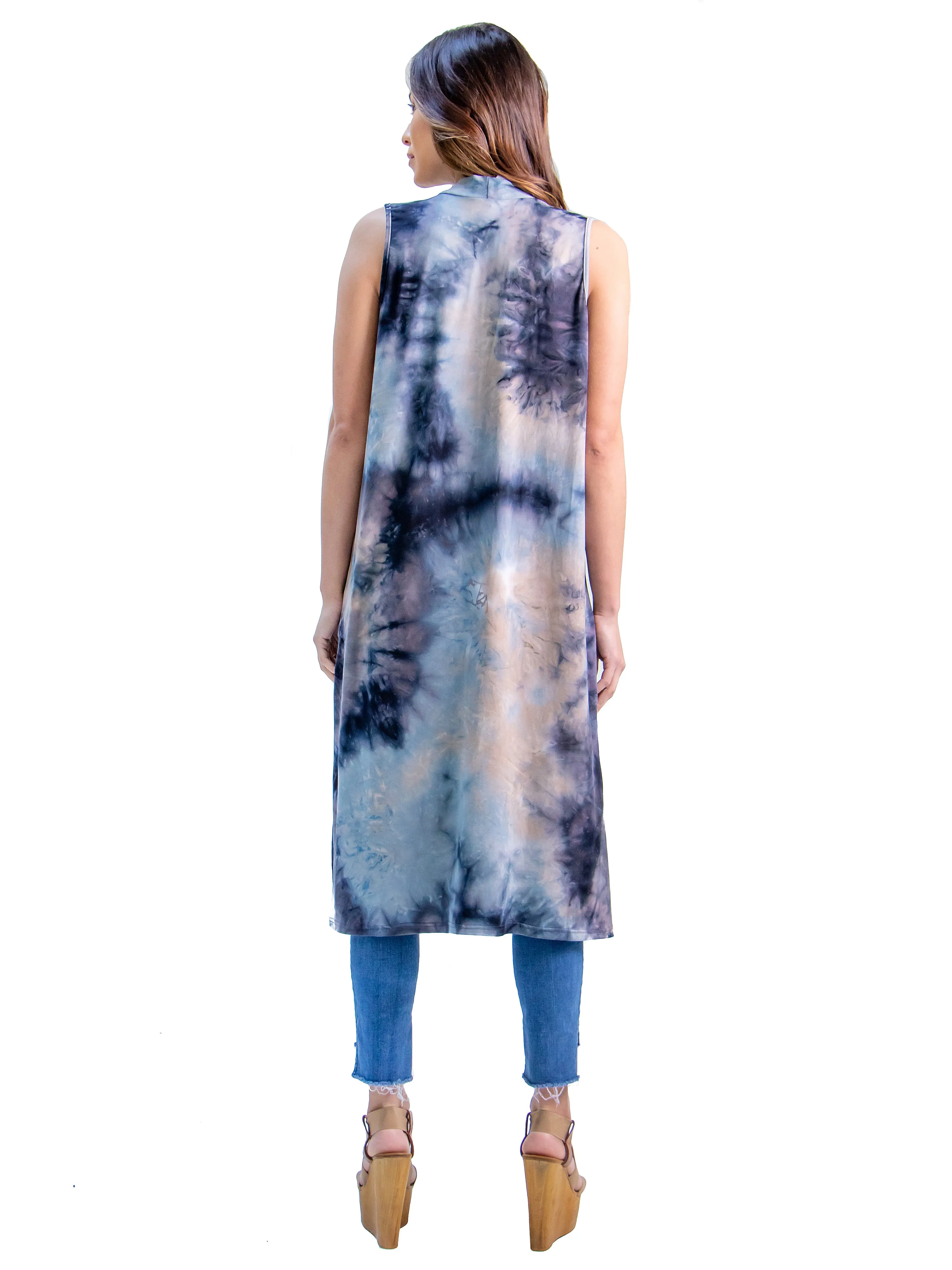 Tie Dye Sleeveless Open Front Cardigan Vest