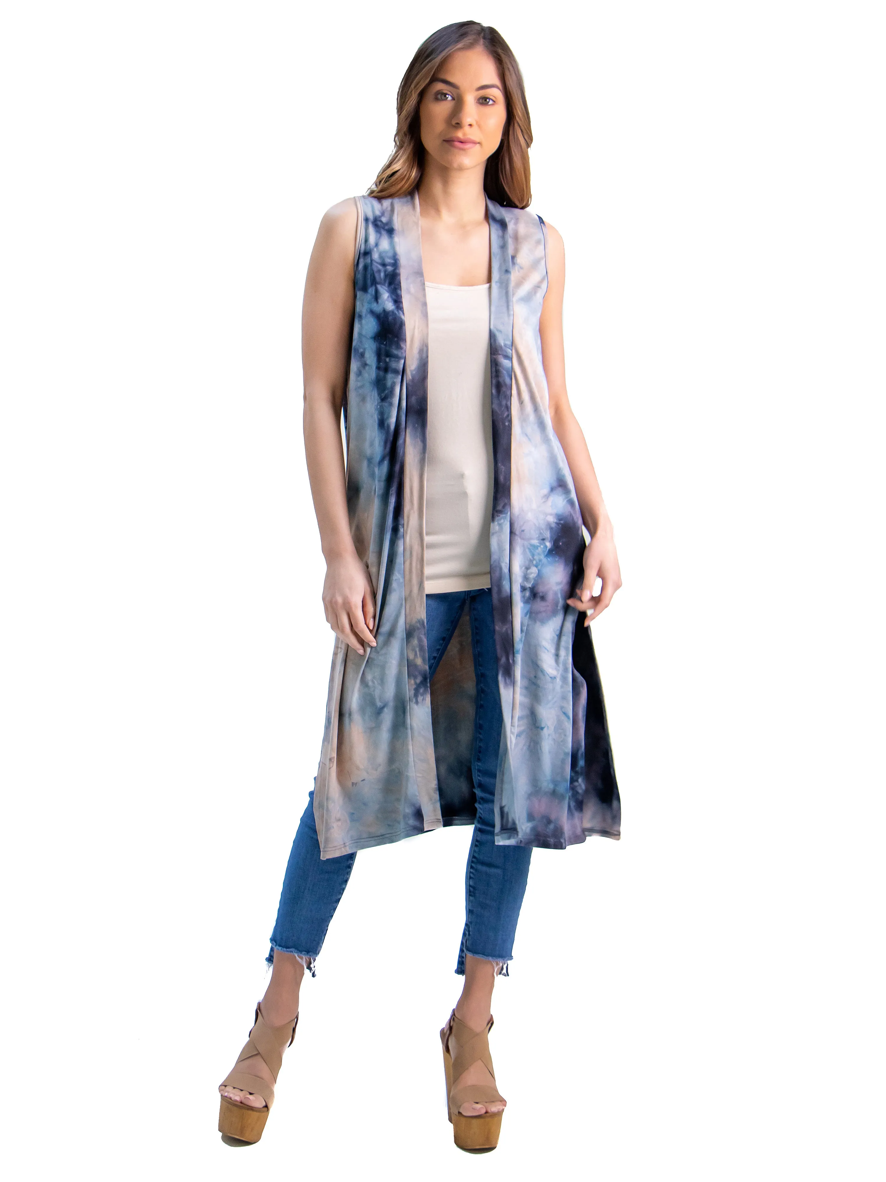 Tie Dye Sleeveless Open Front Cardigan Vest