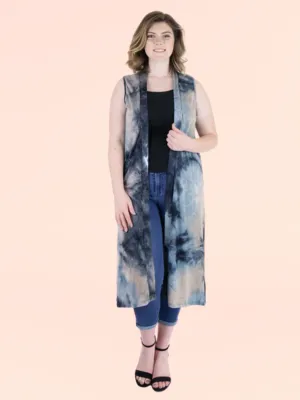 Tie Dye Sleeveless Open Front Plus Size Cardigan Vest