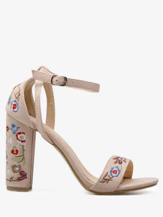 Trendy Embroidered Ankle Strap Block Heel Sandals