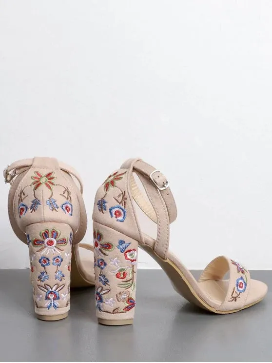 Trendy Embroidered Ankle Strap Block Heel Sandals